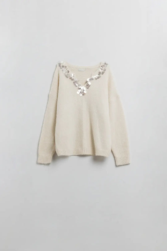 Cream V-neck sweater with sequin detail - CREAM / ONE - Sweaters
