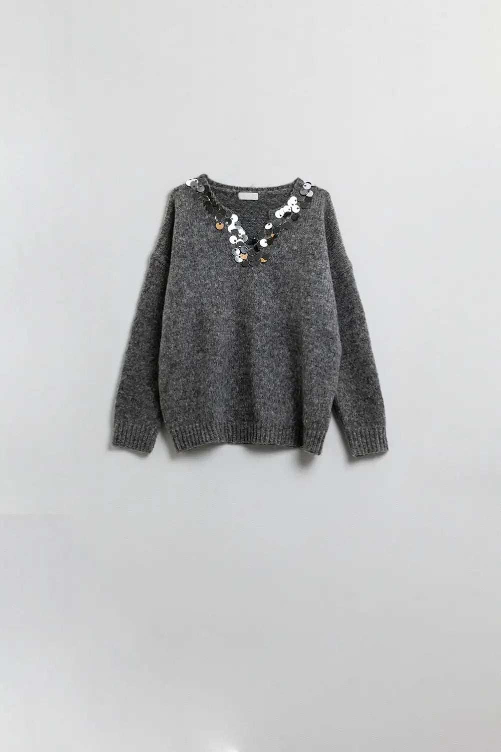 Grey V-neck sweater with sequin detail - GRAY / ONE - Sweaters