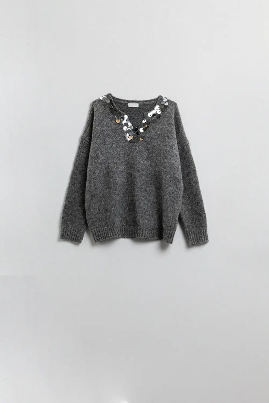 Grey V-neck sweater with sequin detail - GRAY / ONE - Sweaters