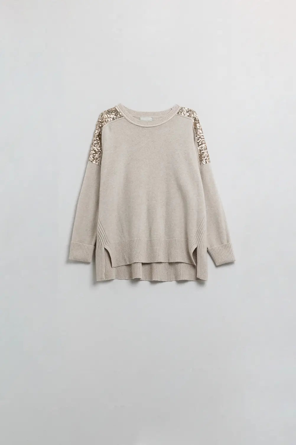 Beige Long Sleeves Sweater With Sequins on The Shoulders - BEIGE / ONE - Sweaters