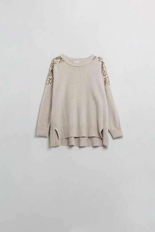 Beige Long Sleeves Sweater With Sequins on The Shoulders - BEIGE / ONE - Sweaters