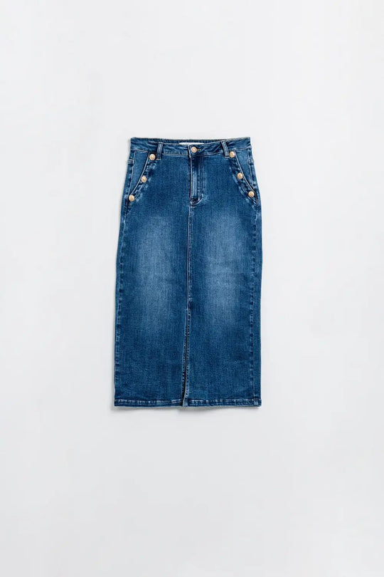 Stretch Denim Midi Skirt With Gold Button Details - Skirts