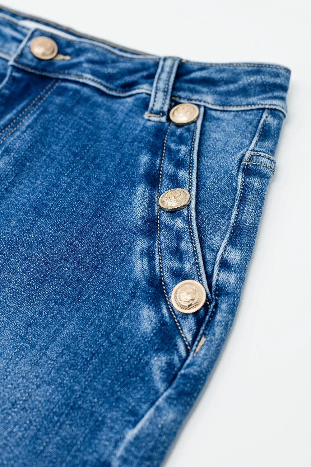 Stretch Denim Midi Skirt With Gold Button Details - Skirts