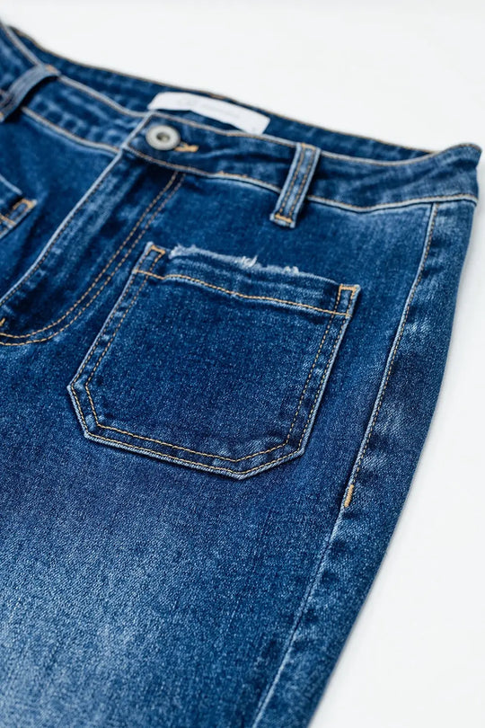 Dark Blue Flared Jeans with Front Pockets