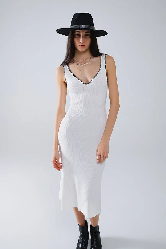 Summer Body Hugging knitted Dress in white With black Trim - WHITE / ONE - Dresses