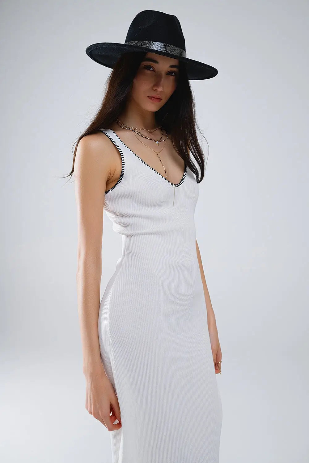 Summer Body Hugging knitted Dress in white With black Trim - WHITE / ONE - Dresses