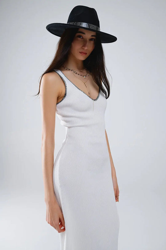 Summer Body Hugging knitted Dress in white With black Trim - WHITE / ONE - Dresses