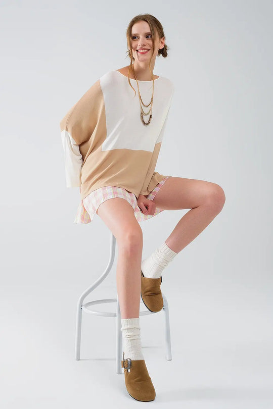 Color Block Bat Wing Sweater In White and Beige - BEIGE / ONE - Sweaters
