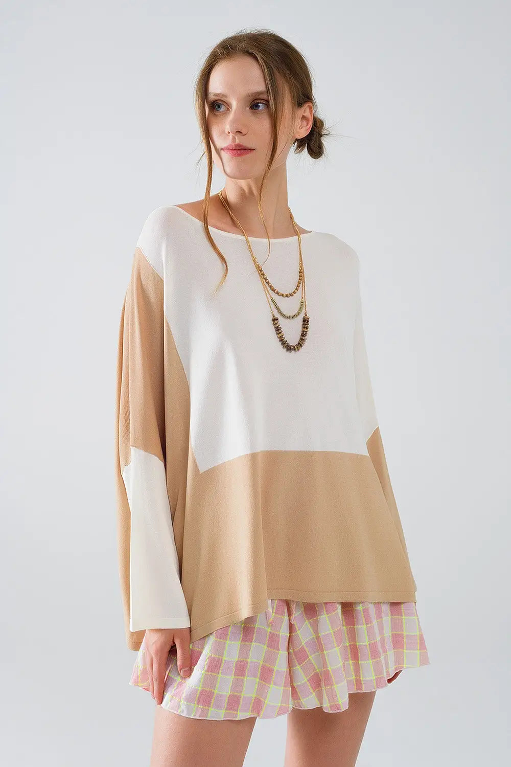 Color Block Bat Wing Sweater In White and Beige - BEIGE / ONE - Sweaters