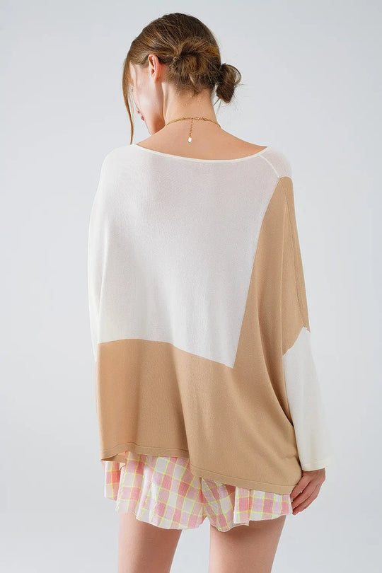Color Block Bat Wing Sweater In White and Beige - BEIGE / ONE - Sweaters