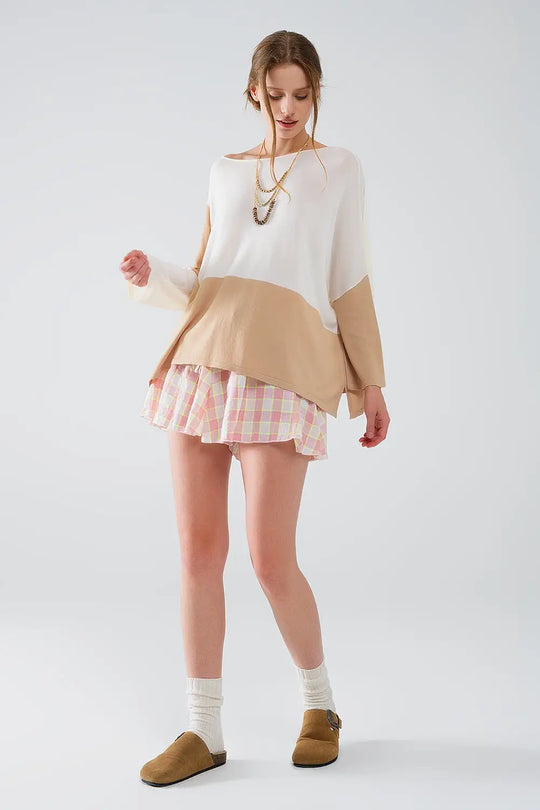Color Block Bat Wing Sweater In White and Beige - BEIGE / ONE - Sweaters