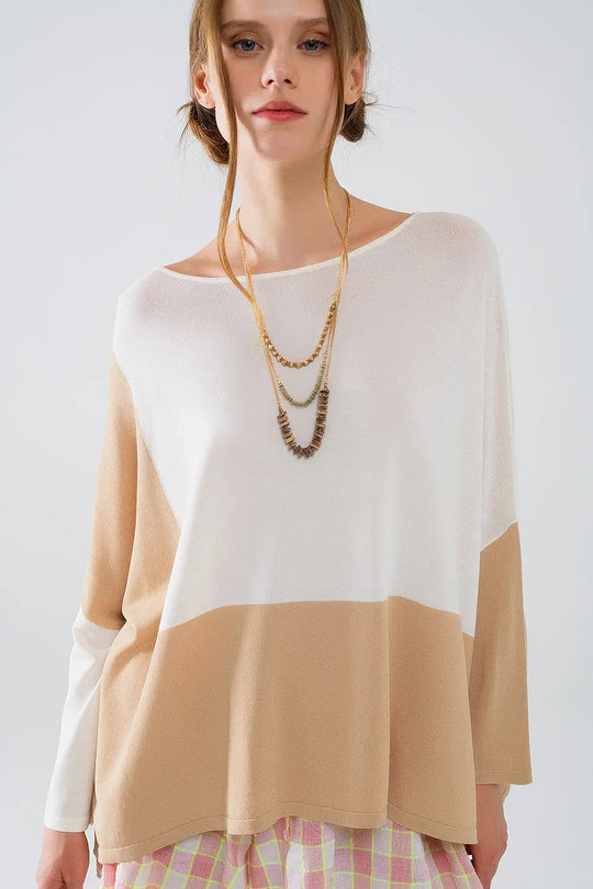 Color Block Bat Wing Sweater In White and Beige - BEIGE / ONE - Sweaters