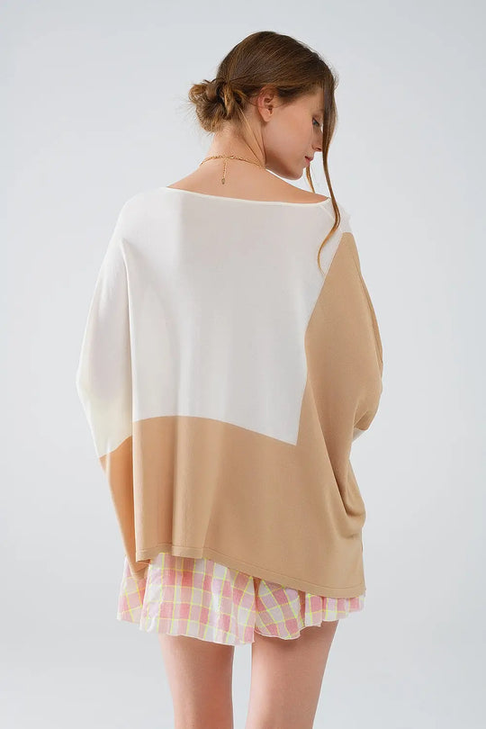 Color Block Bat Wing Sweater In White and Beige - BEIGE / ONE - Sweaters