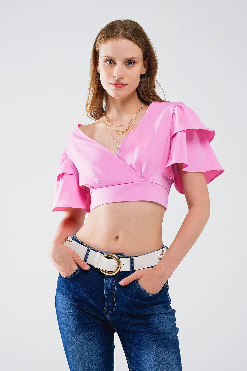 Pink Crop Top With Short Sleeves And V-neck - Tops
