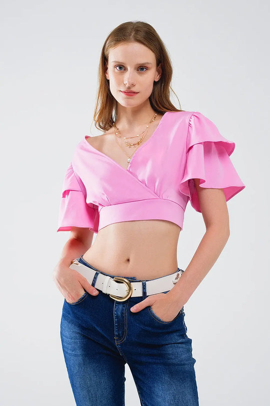 Pink Crop Top With Short Sleeves And V-neck - Tops