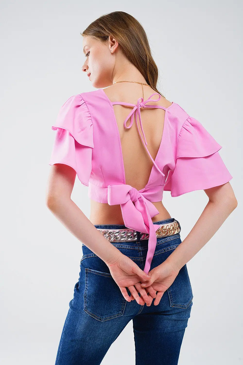 Pink Crop Top With Short Sleeves And V-neck - Tops