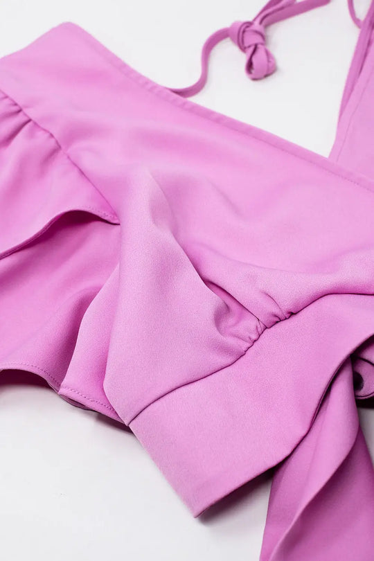 Pink Crop Top With Short Sleeves And V-neck - Tops