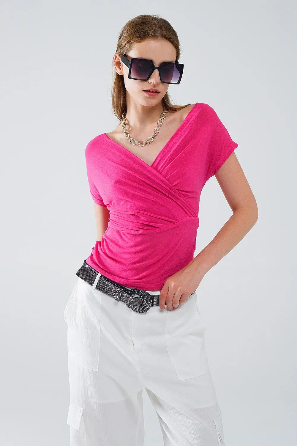 V-neck crossed drapped fitted top with cap sleeves in Fuchsia - T-Shirts