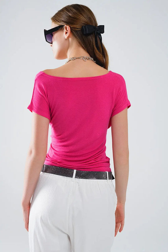 V-neck crossed drapped fitted top with cap sleeves in Fuchsia - T-Shirts