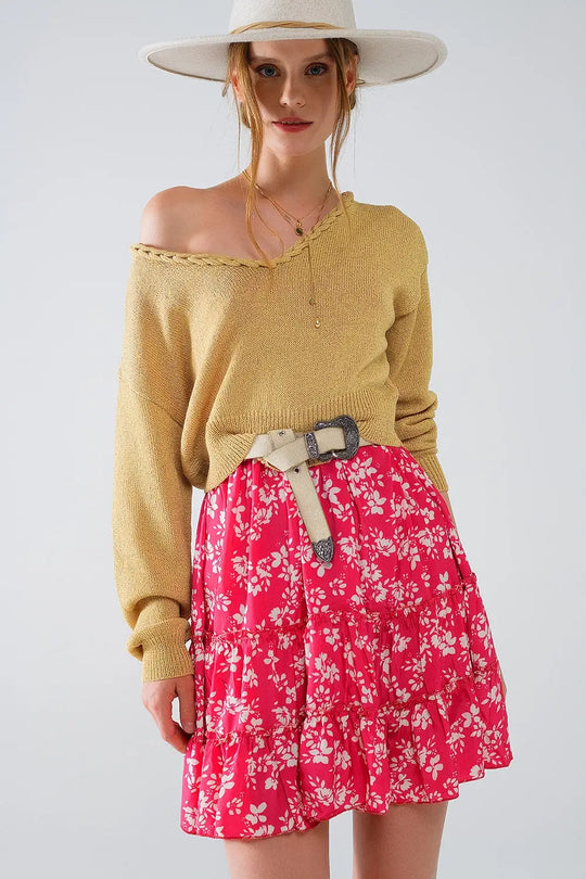 Wide V-neck Light Sweater With Braided Detail In Gold - CAMEL / ONE - Sweaters
