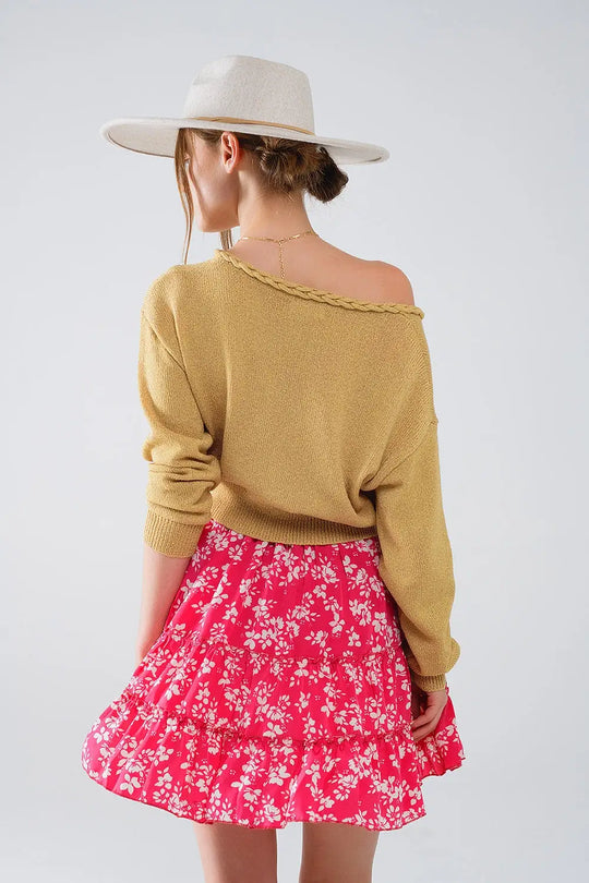 Wide V-neck Light Sweater With Braided Detail In Gold - CAMEL / ONE - Sweaters
