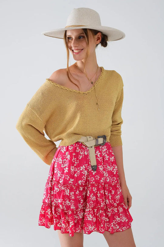 Wide V-neck Light Sweater With Braided Detail In Gold - CAMEL / ONE - Sweaters