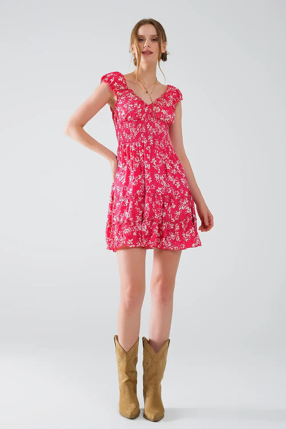 Red Short dress With White Floral Print And Elastic Waist - Dresses