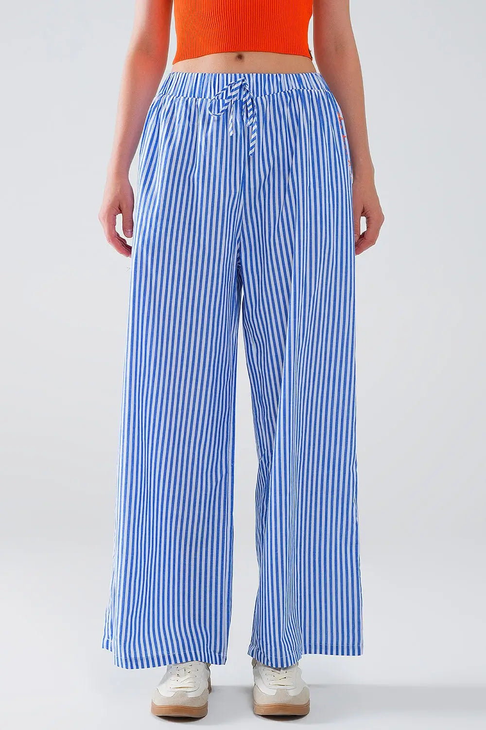 Blue Striped Pants with Elastic Waist and Pockets - Pants