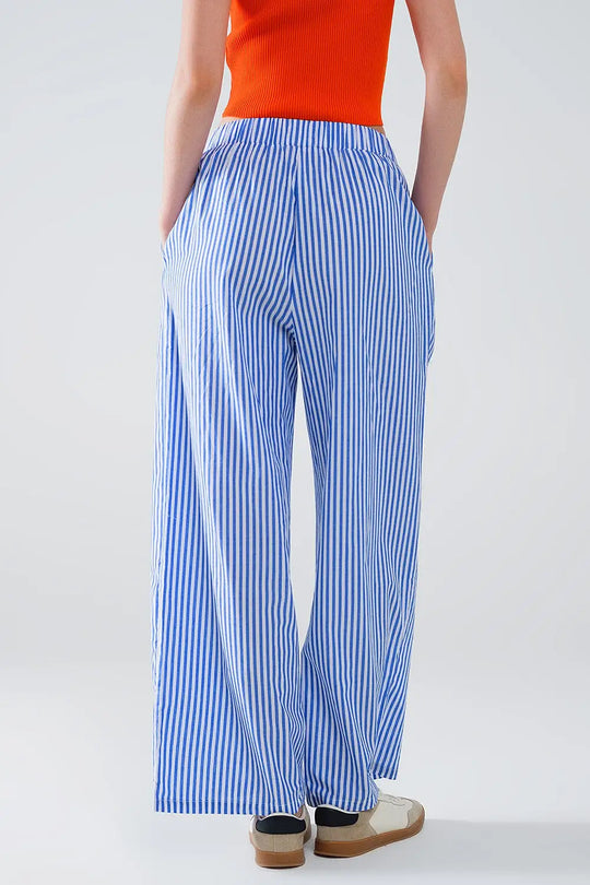 Blue Striped Pants with Elastic Waist and Pockets - Pants