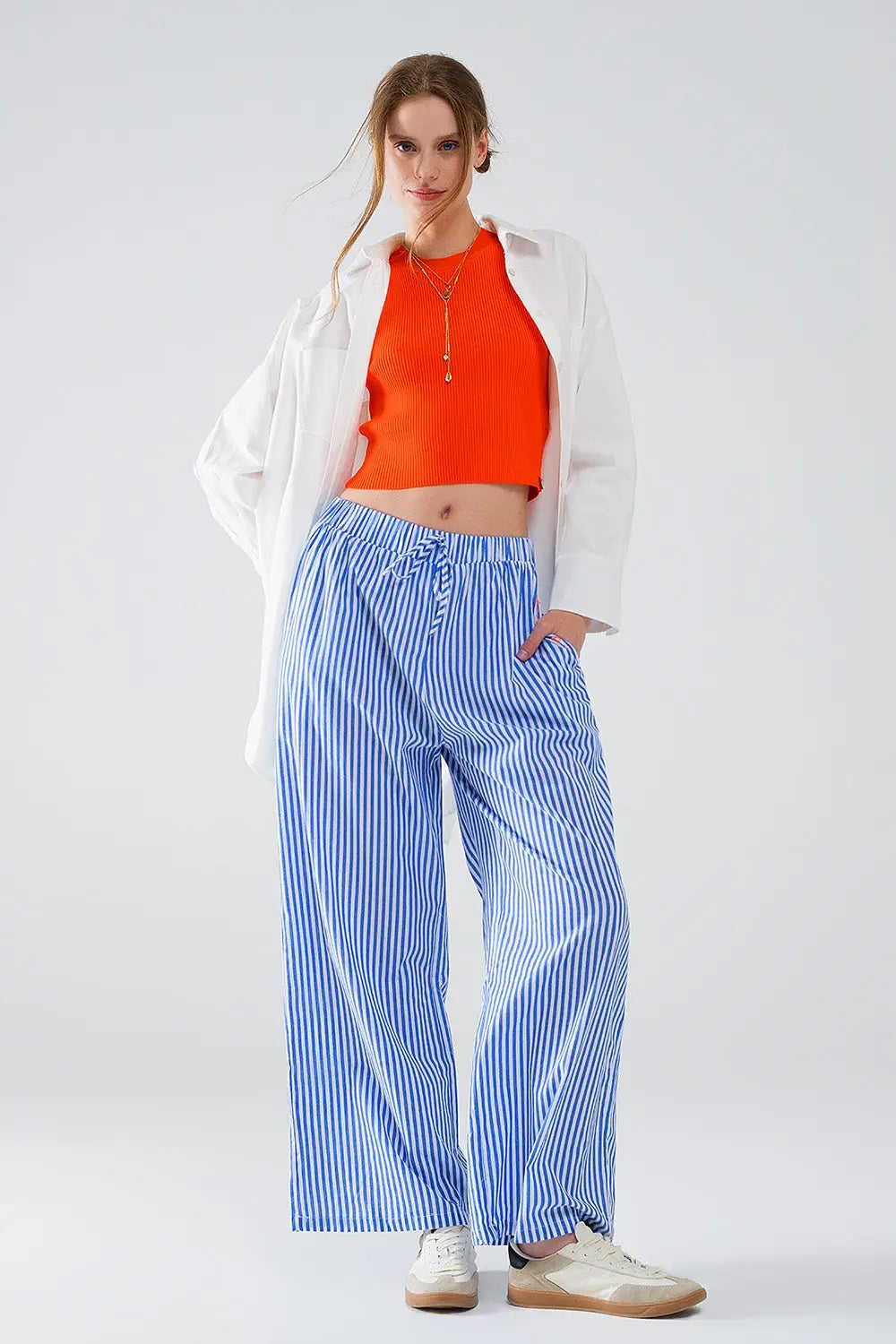 Blue Striped Pants with Elastic Waist and Pockets - Pants