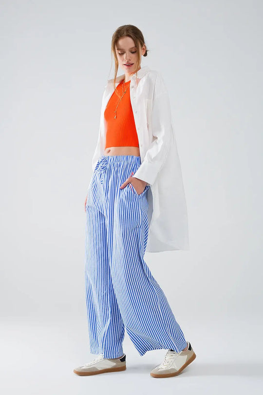 Blue Striped Pants with Elastic Waist and Pockets - Pants
