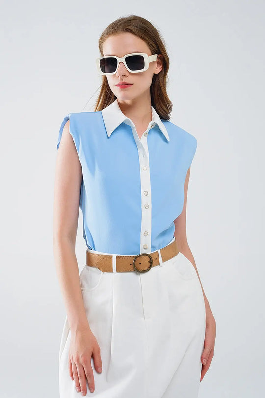 Blue Shirt With White Seams And Button Up Closing - Shirts