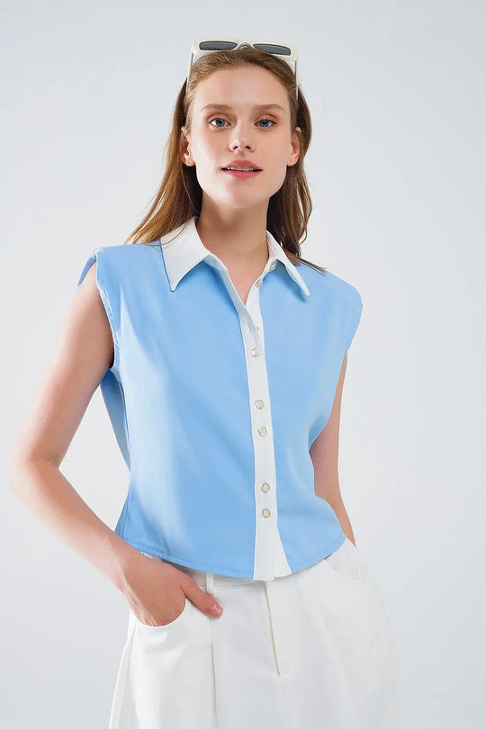 Blue Shirt With White Seams And Button Up Closing - Shirts