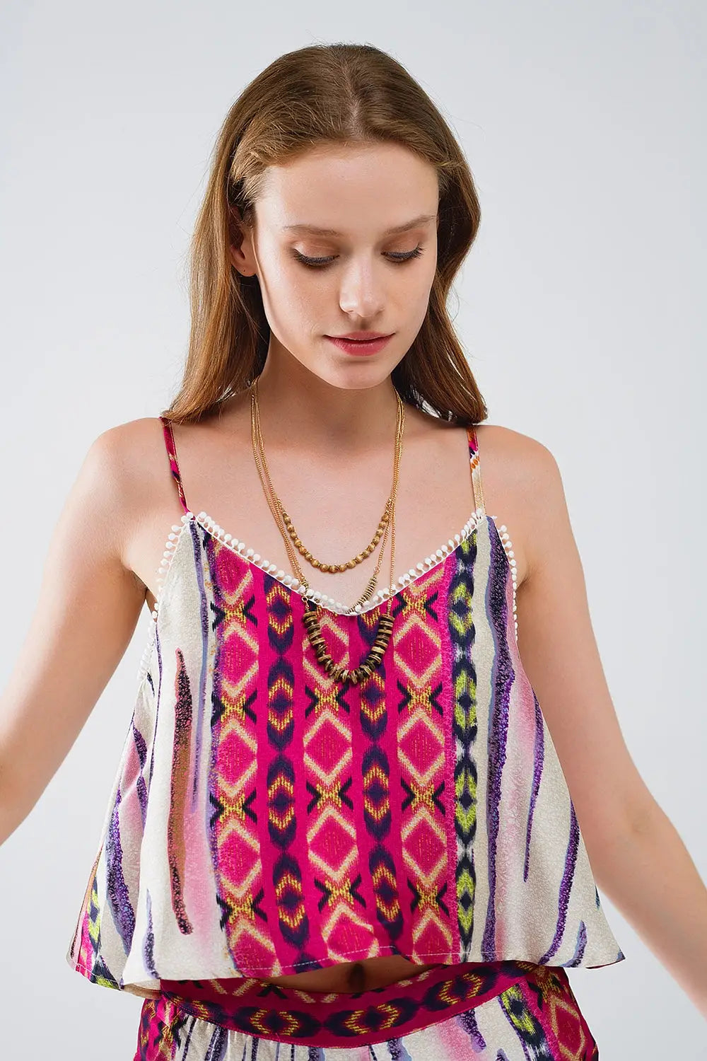 Satin Multicolored Sleeveless Top With Abstract Print - Tops
