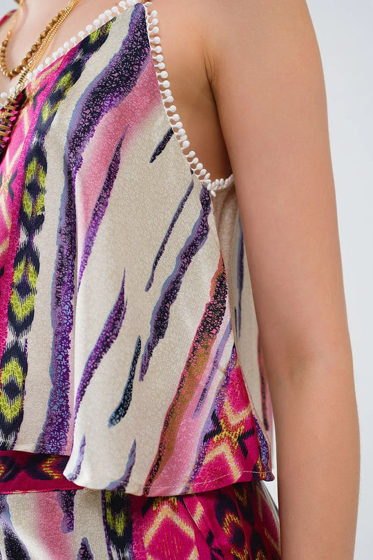 Satin Multicolored Sleeveless Top With Abstract Print - Tops