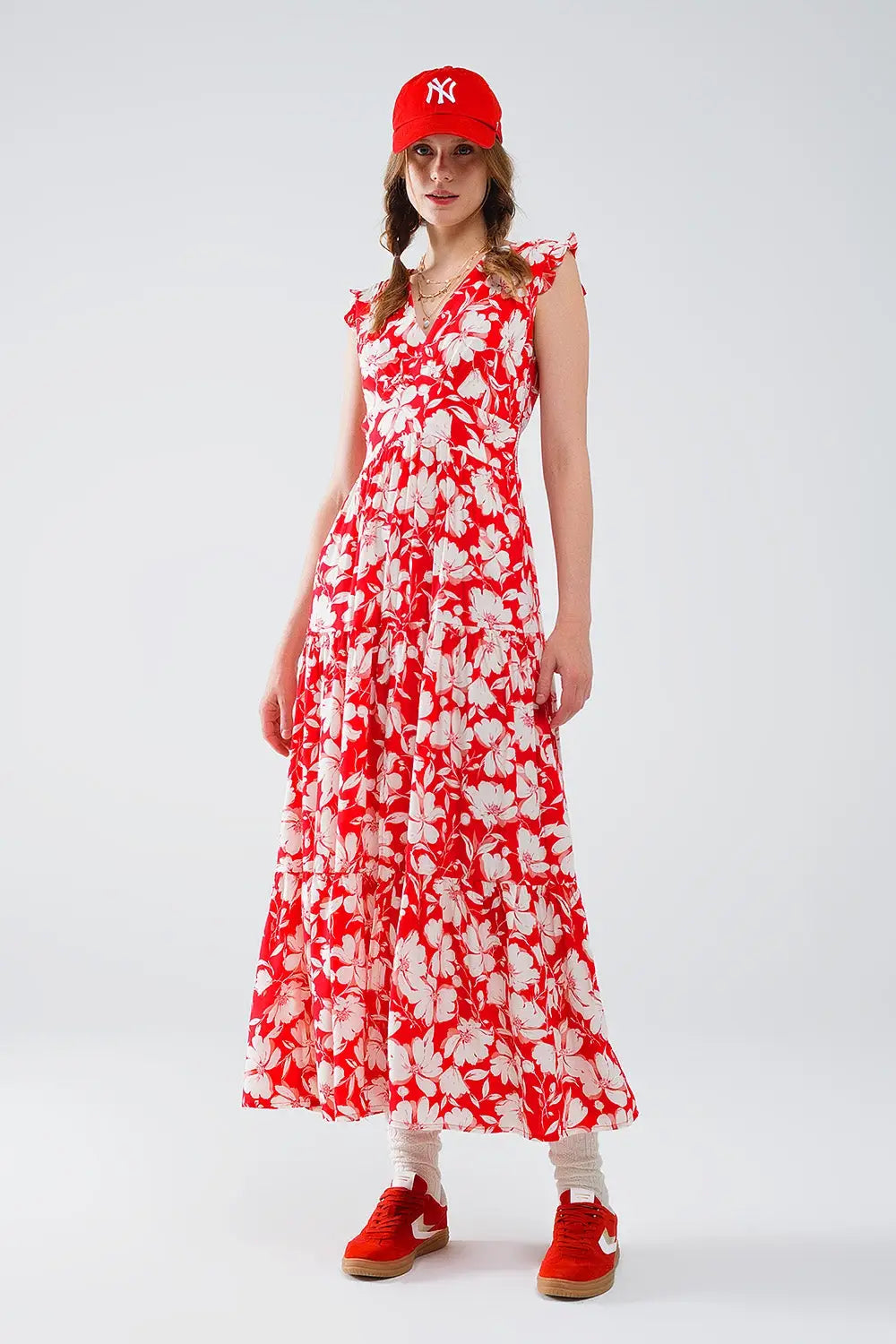 Red maxi dress with floral print and V-neck - Dresses