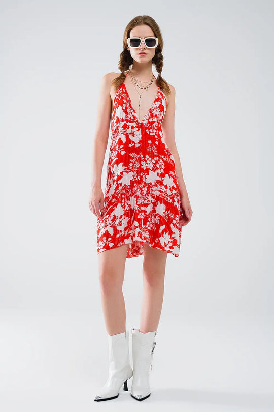 Red Short Boho flower print dress with lurex detail - Dresses
