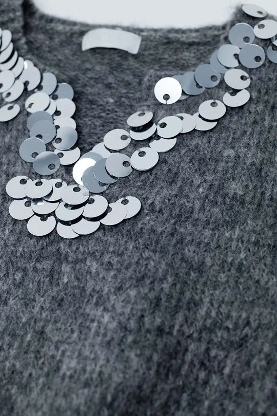 Grey V-neck sweater with sequin detail - GRAY / ONE - Sweaters