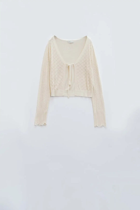 Beige Cardigan with Argyle Print and Tie Closing - BEIGE / ONE - Cardigans