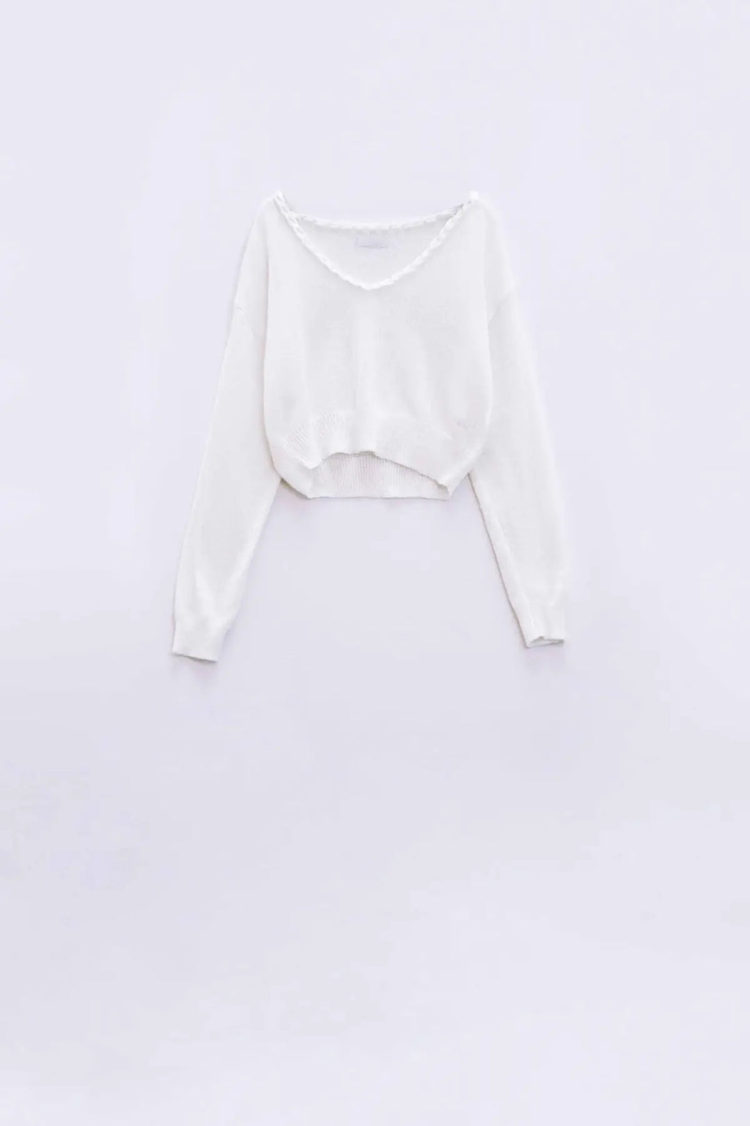 Wide V-neck cream Sweater With Braided Detail - BEIGE / ONE - Sweaters