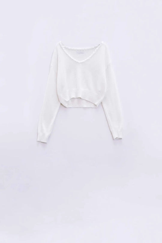 Wide V-neck cream Sweater With Braided Detail - BEIGE / ONE - Sweaters