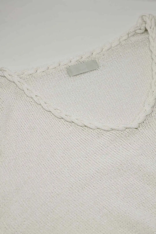 Wide V-neck cream Sweater With Braided Detail - BEIGE / ONE - Sweaters