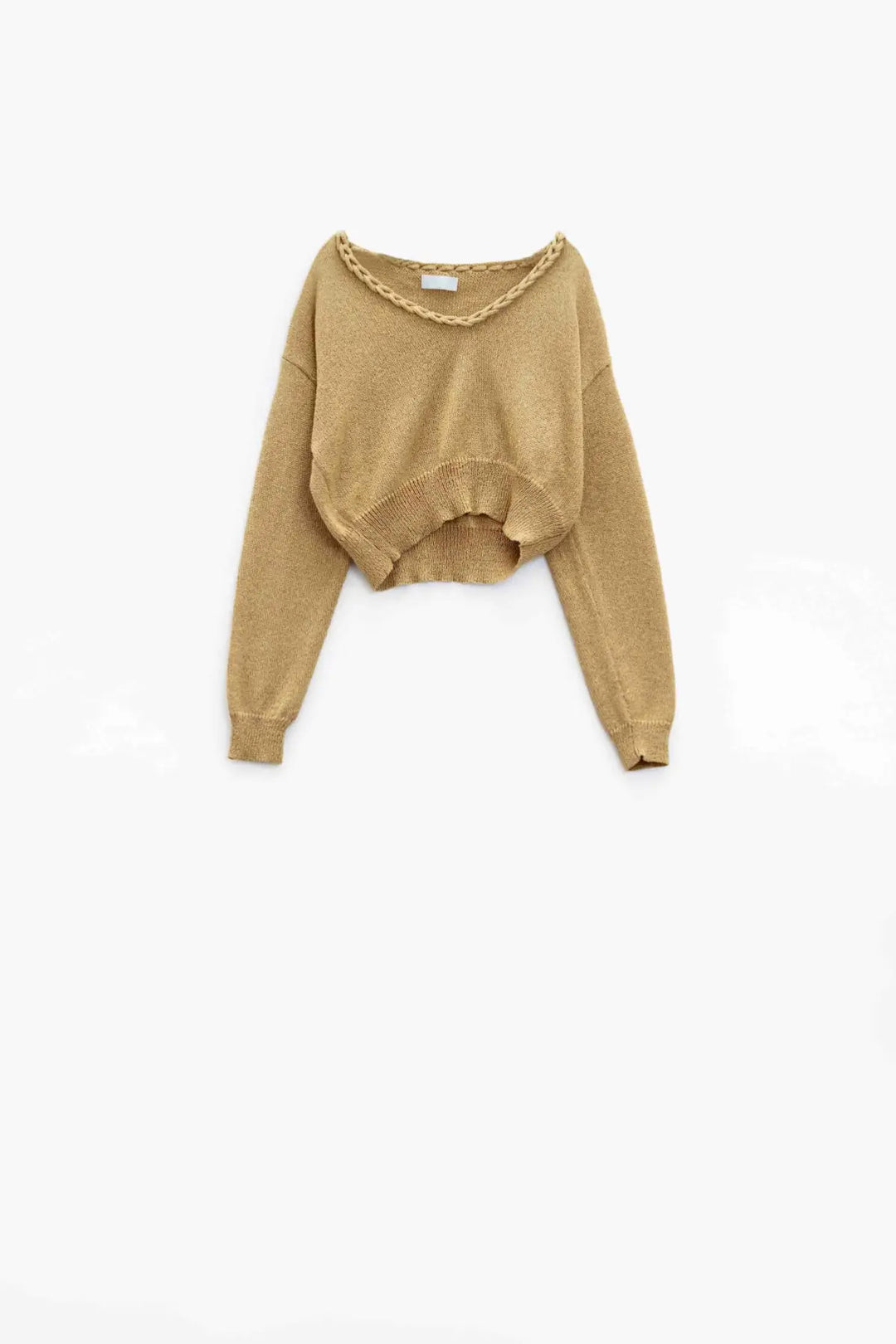 Wide V-neck Light Sweater With Braided Detail In Gold - CAMEL / ONE - Sweaters