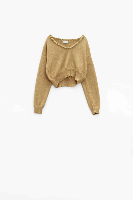 Wide V-neck Light Sweater With Braided Detail In Gold - CAMEL / ONE - Sweaters