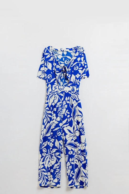 Short Sleeve Key Hole Front Floral Jumpsuit In Blue - Jumpsuits