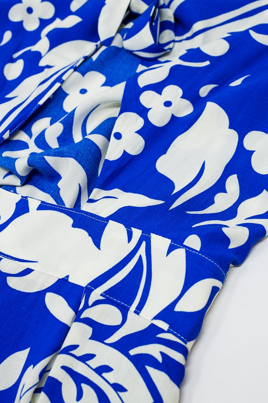 Short Sleeve Key Hole Front Floral Jumpsuit In Blue