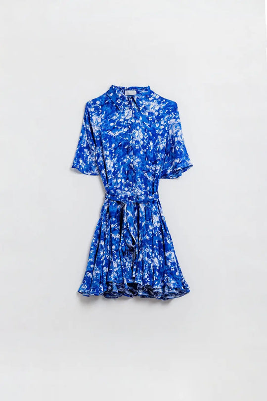Flowy Short Shirt Dress With Angel Sleeves in Blue Abstract Print - Dresses