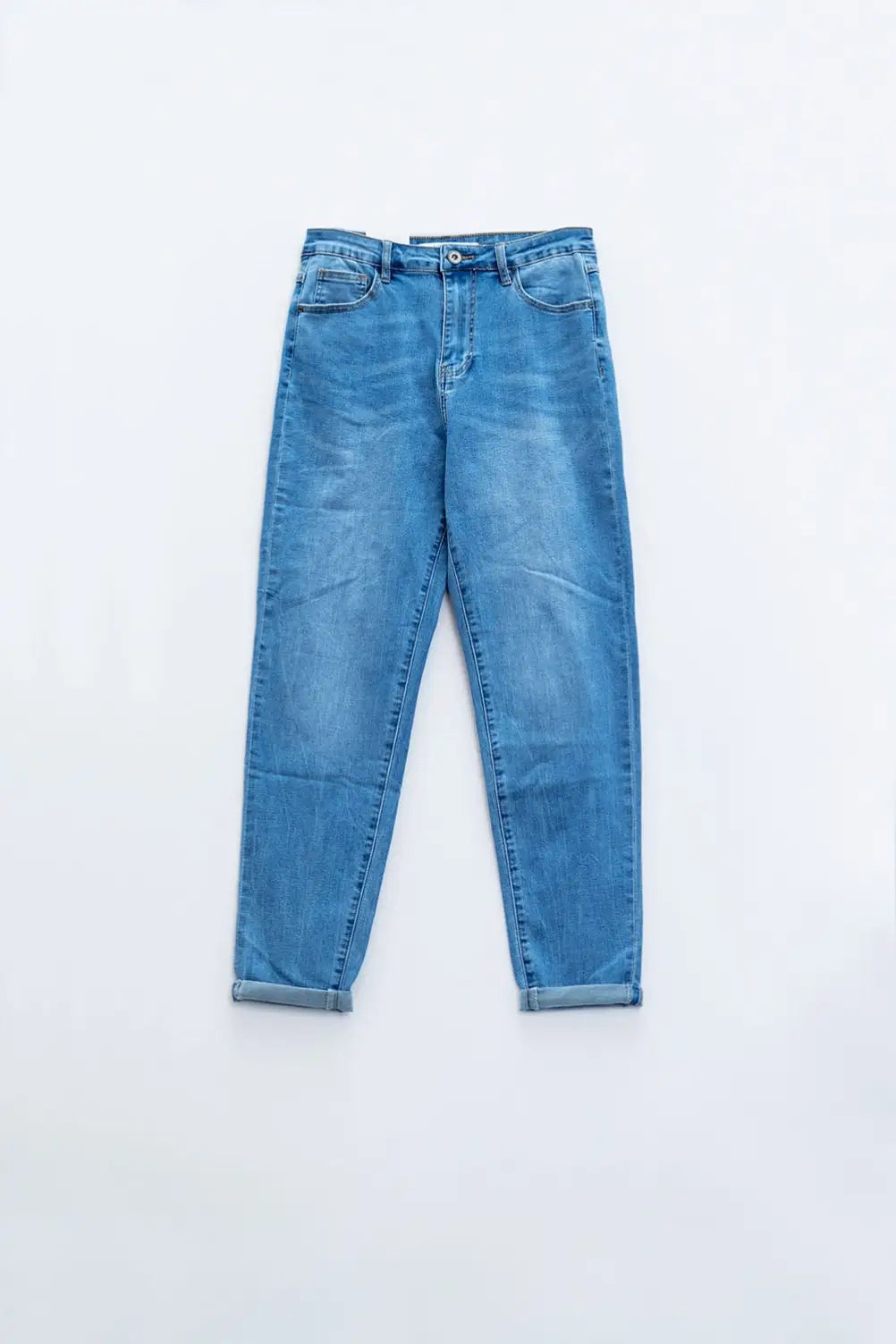 High Waist Mom Jeans In Mid Wash Stretch Denim
