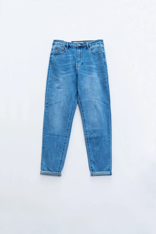 High Waist Mom Jeans In Mid Wash Stretch Denim