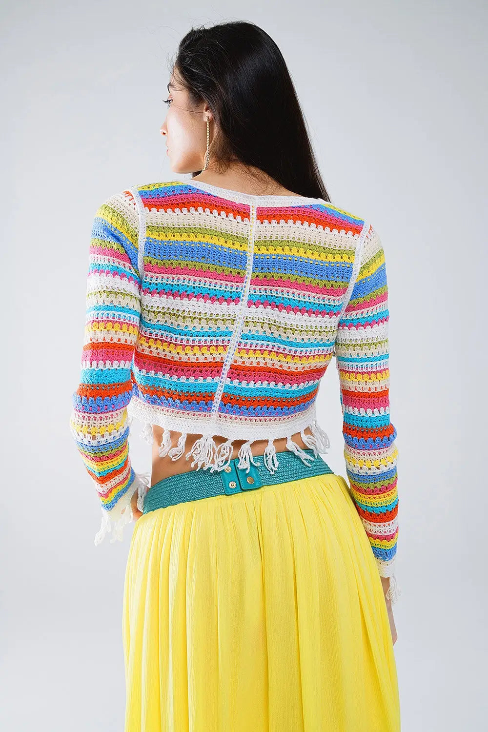 Cropped Crochet Cardigan In Multicolor Stripe - GREEN / ONE - Cardigans